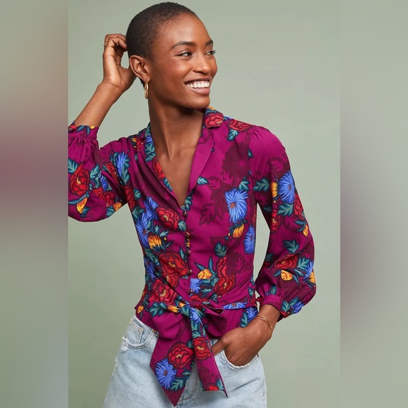 Floral Button Wrap Tie Shirt Blouse - Picture 1 of 4